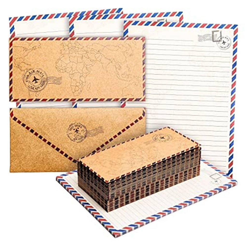 Vintage-style airmail letter paper with brown envelope and signature stamp icons