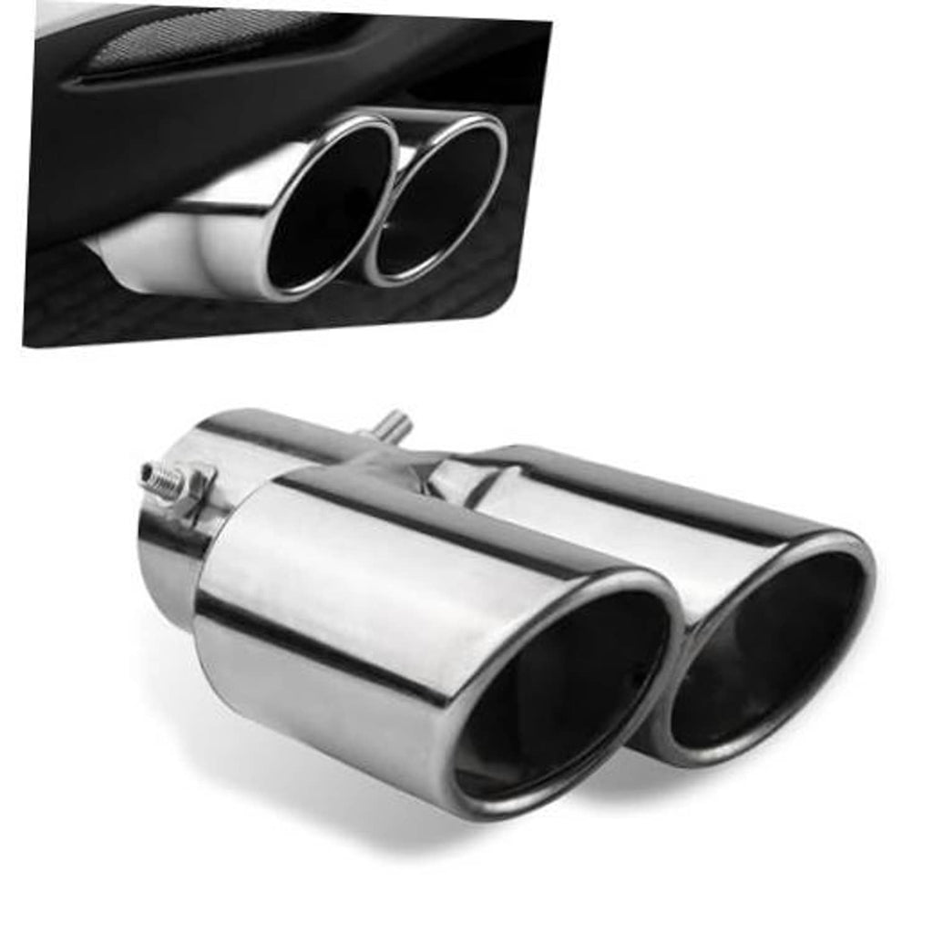 Stainless steel dual-outlet exhaust tip with two round openings, mounted on a car bumper