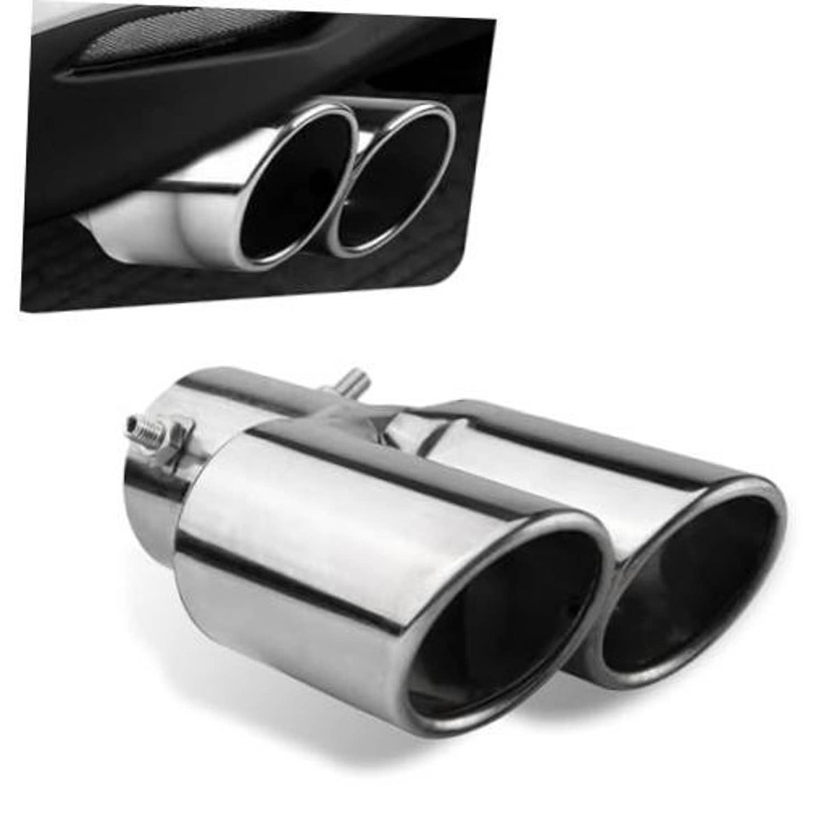 Stainless steel dual-outlet exhaust tip with two round openings, mounted on a car bumper