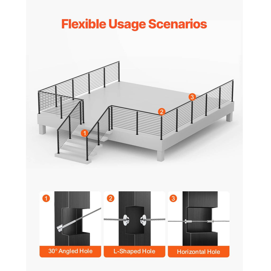 Black cable railing post for flexible deck and stair layouts with pre-drilled holes