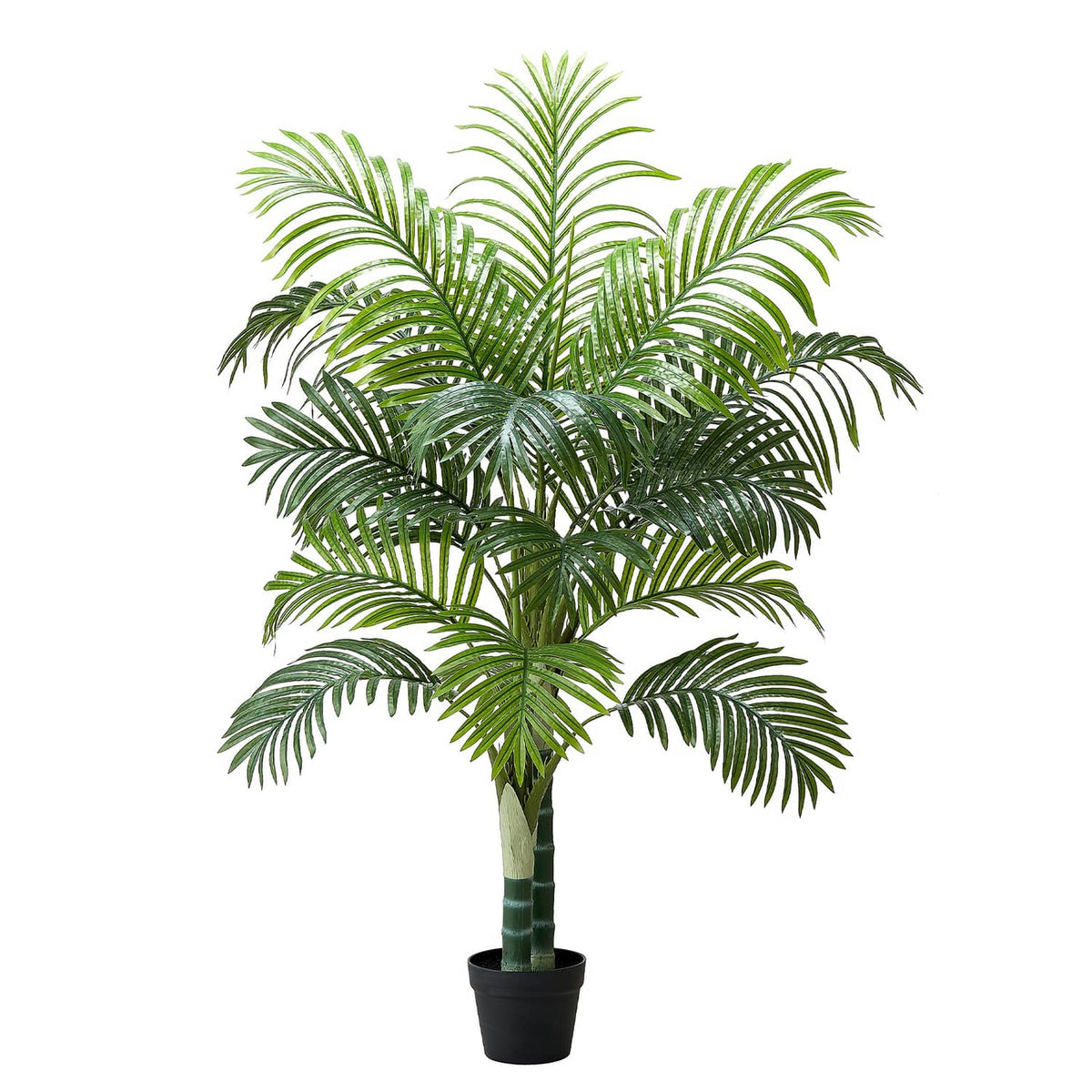 Faux areca palm tree with green fronds and a dark round planter pot