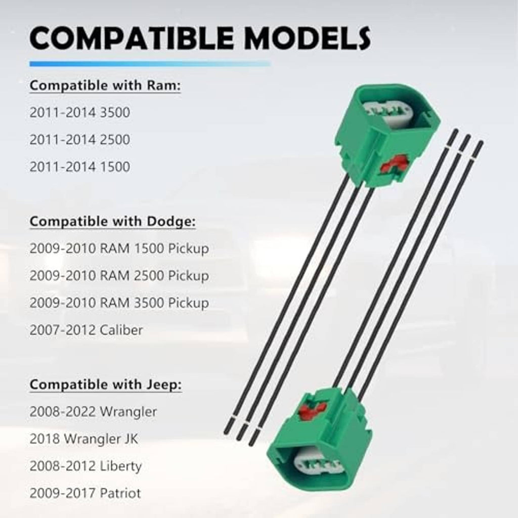 Green headlight connector plugs with long black wire leads, pair set