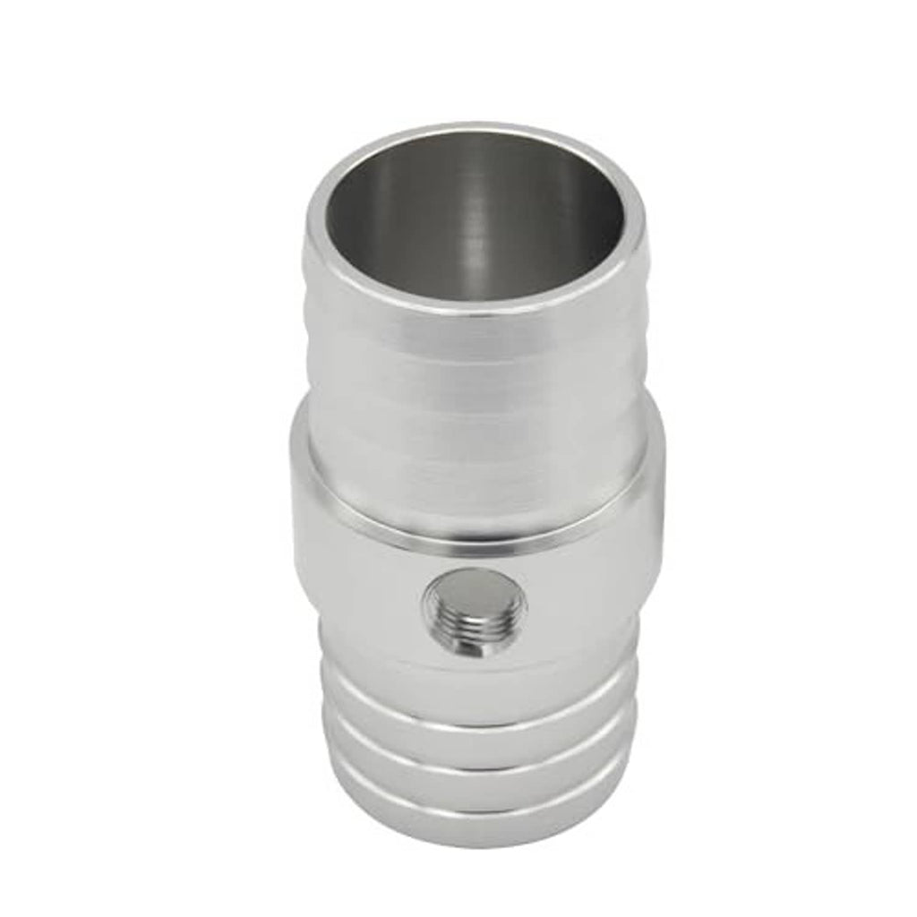 Radiator hose barb adapter with 1/8" NPT threaded hole and flared outlet end, silver.