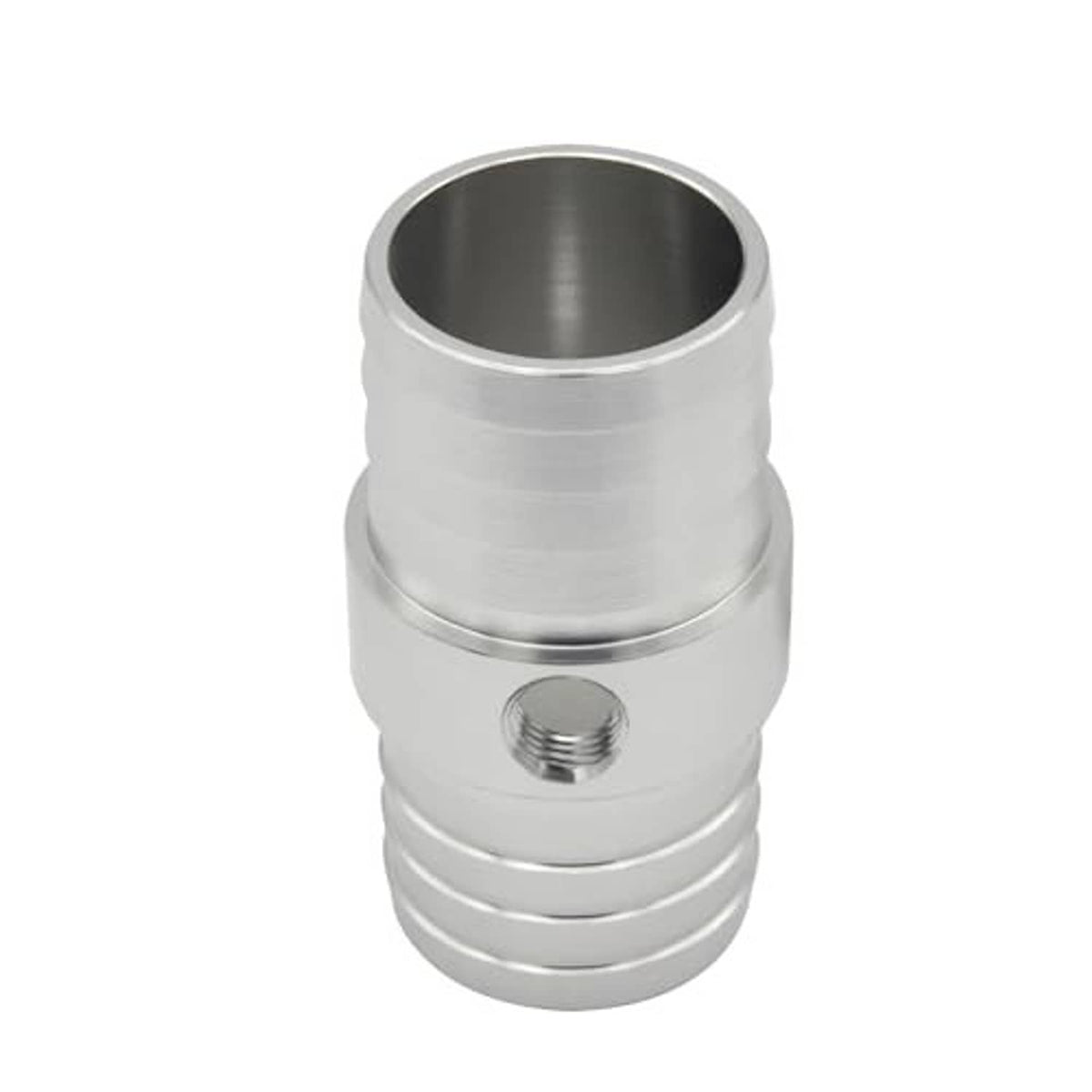 Radiator hose barb adapter with 1/8" NPT threaded hole and flared outlet end, silver.