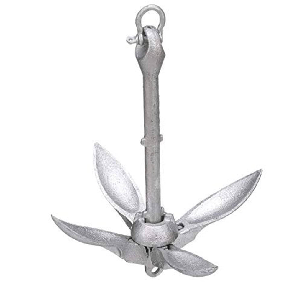 Folding grapnel anchor with three outward flukes, top ring for lifting, silver-gray metal