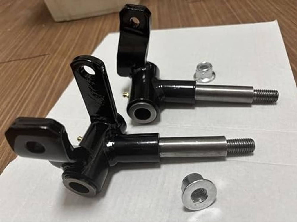Golf cart front hand spindle set, black arms and silver shafts with mounting nut