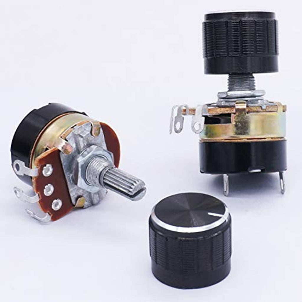 Black on/off potentiometer with round knob and side terminals, metal shaft