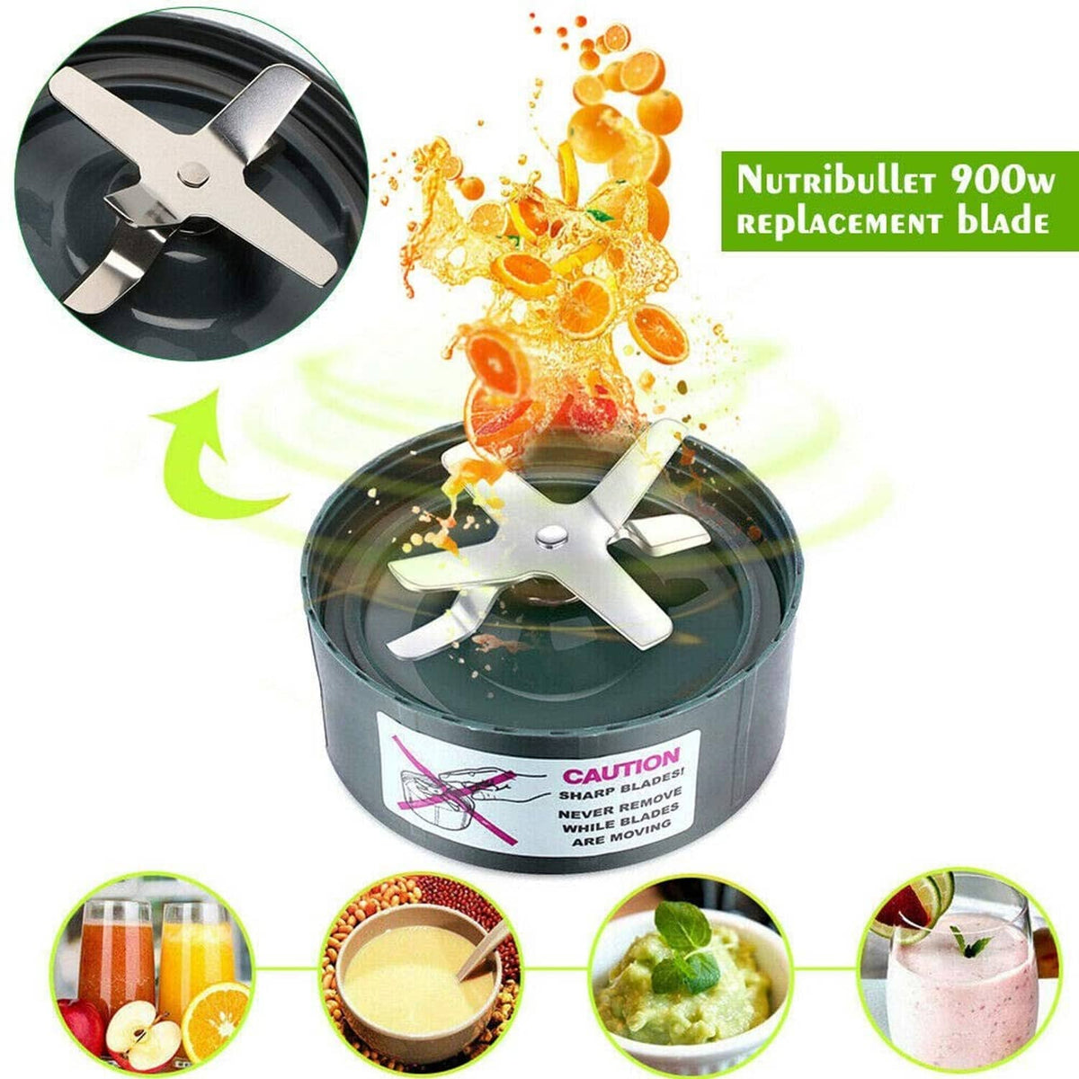 Replacement blender blade assembly for NutriBullet 900W, with caution label