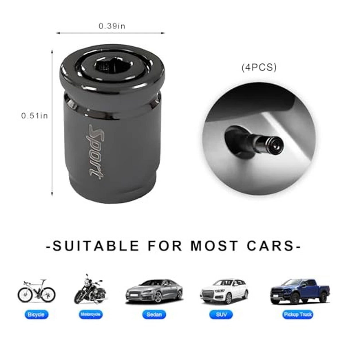 Black locking tire valve caps, 4-piece set, with chrome L-shaped wrench