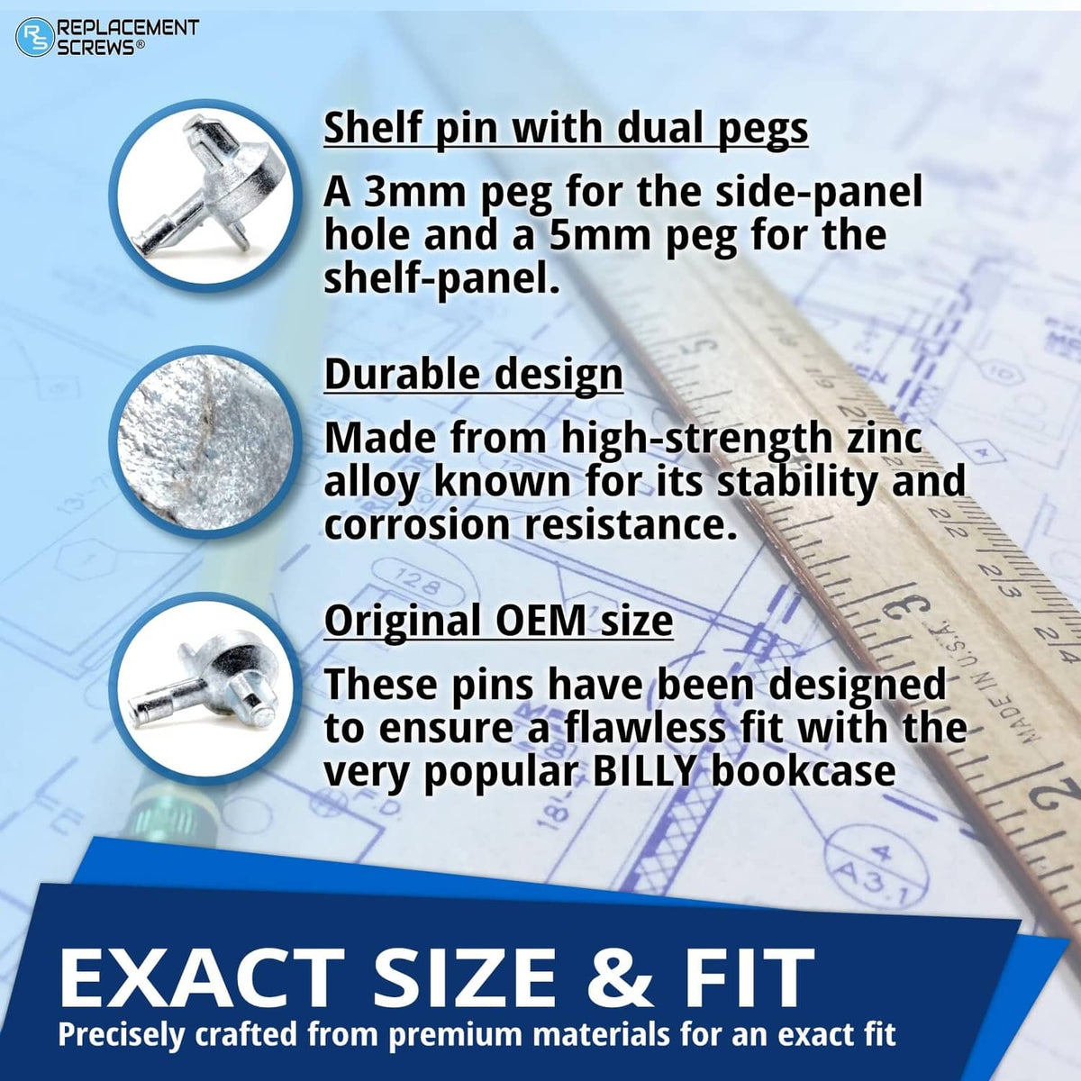 Shelf support pin with dual pegs, silver metal connector for side-panel hole