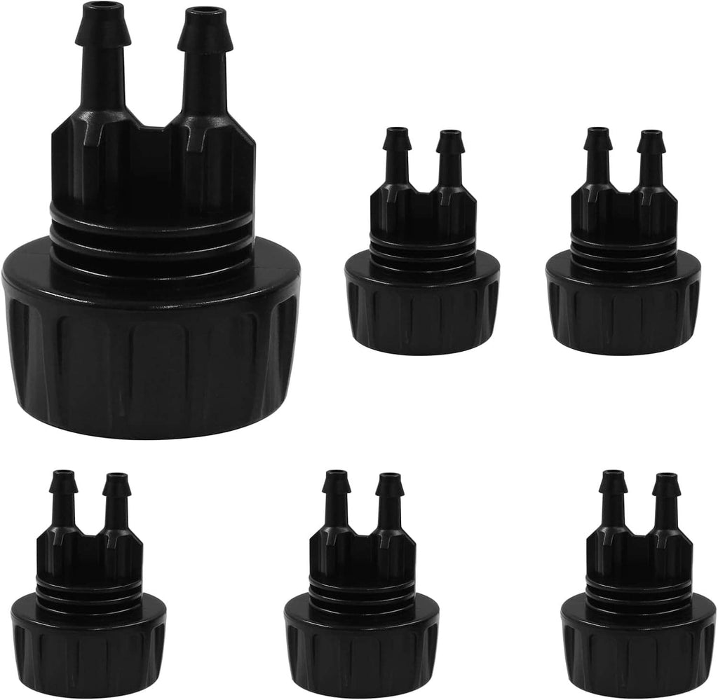 Black plastic drip irrigation tubing adapter with two barbed ends on round base, 6-piece