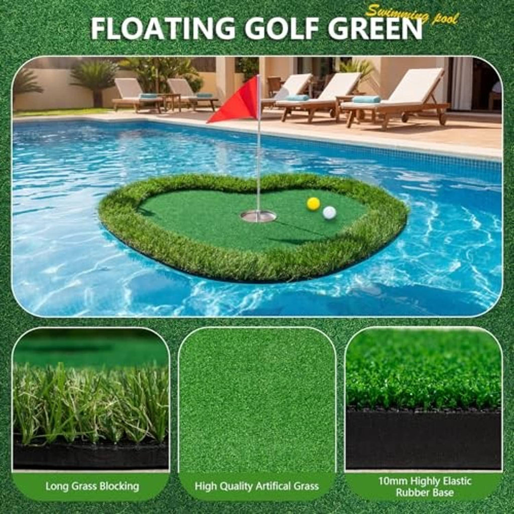 Floating golf green mat with red flag and golf balls, with artificial grass panels