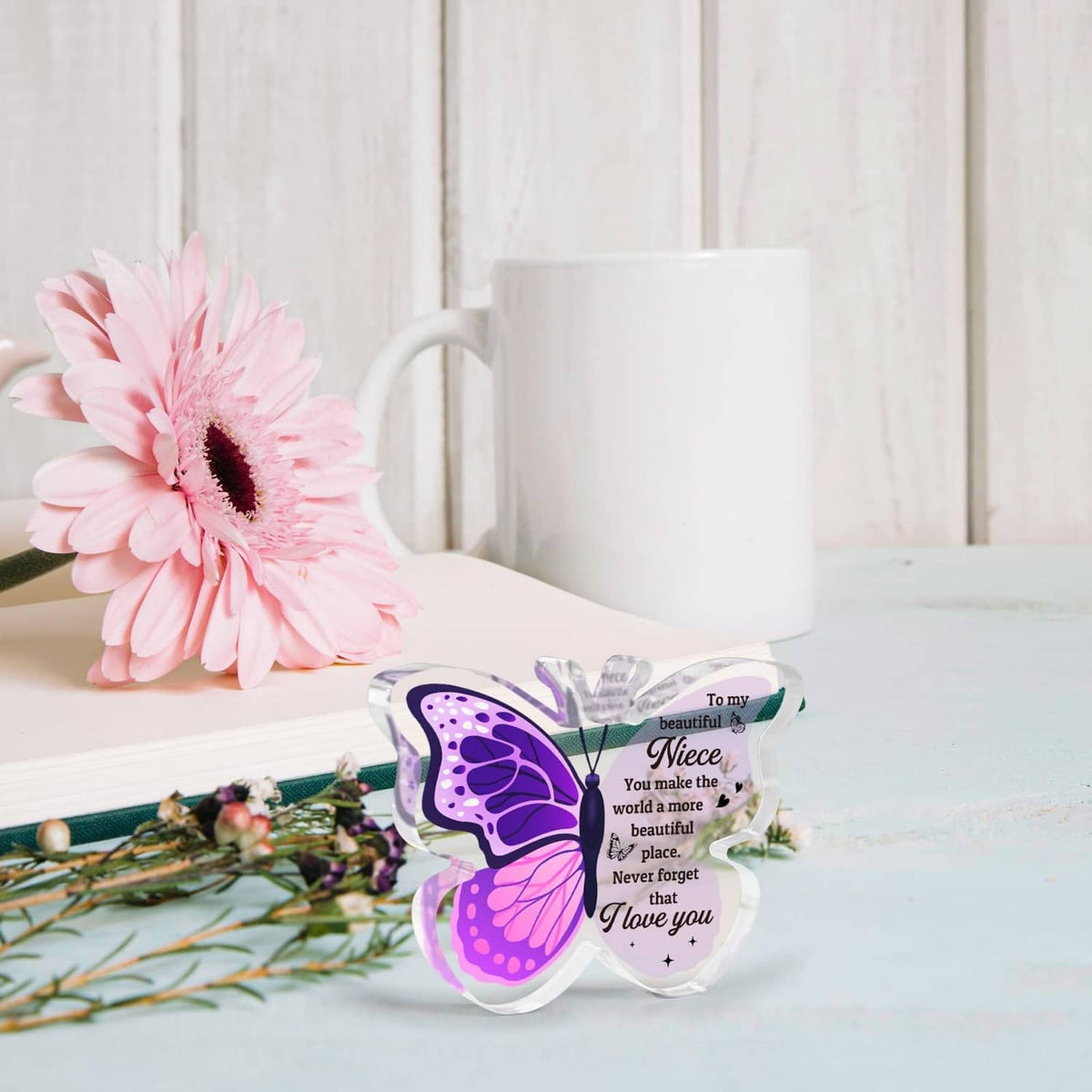 Purple butterfly-shaped message card with clear ribbon and 'To my beautiful Niece' wording