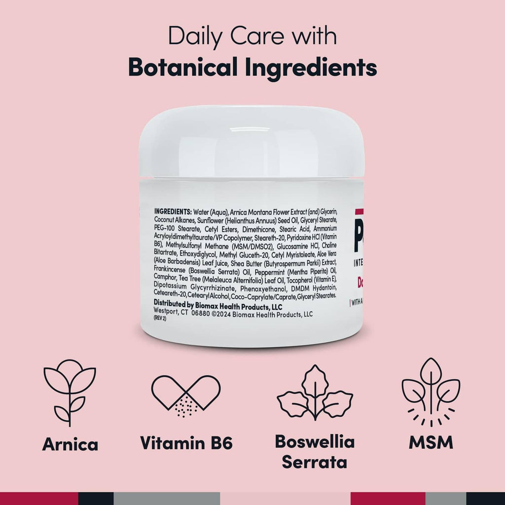 White cream jar with ingredient list view and botanical ingredient icons