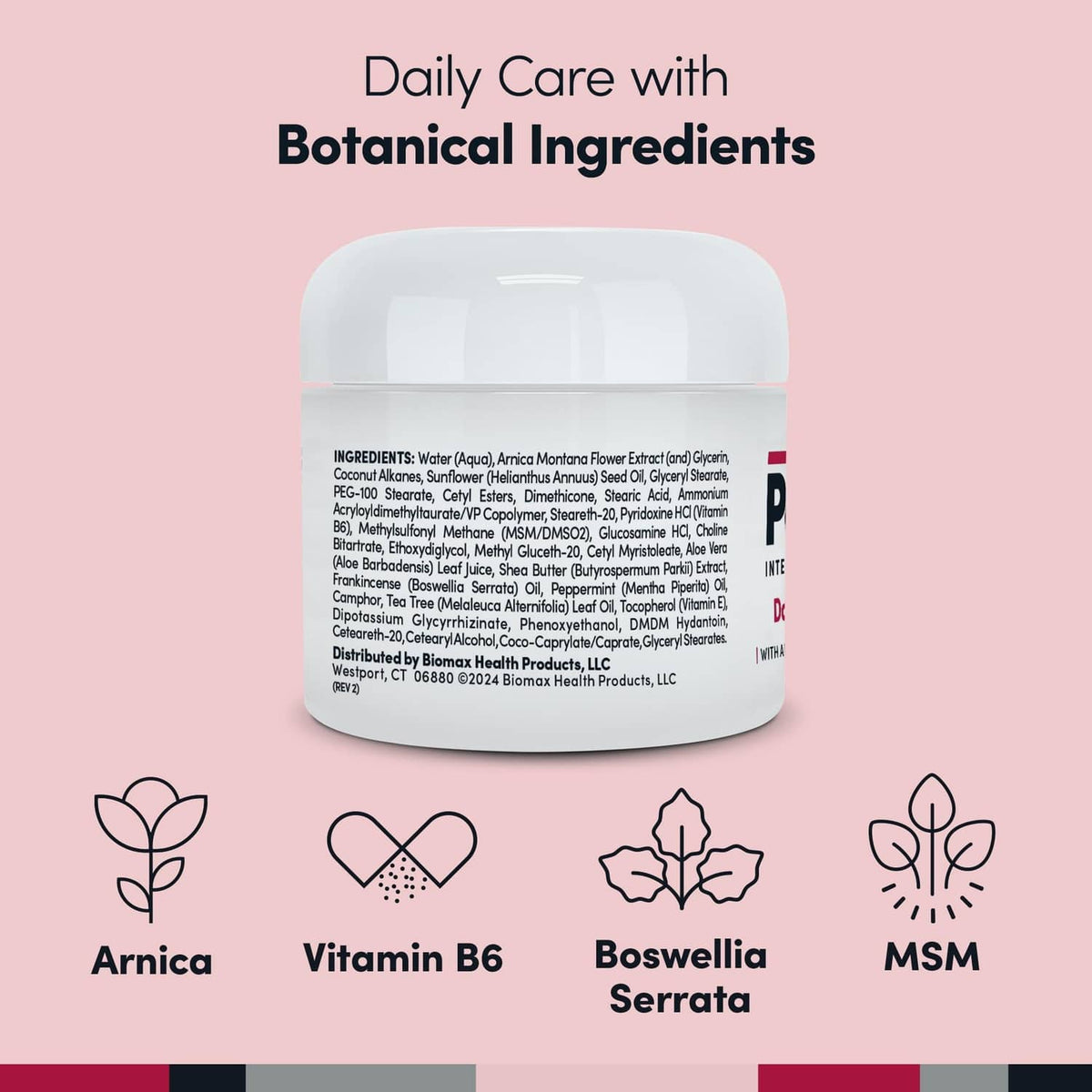 White cream jar with ingredient list view and botanical ingredient icons
