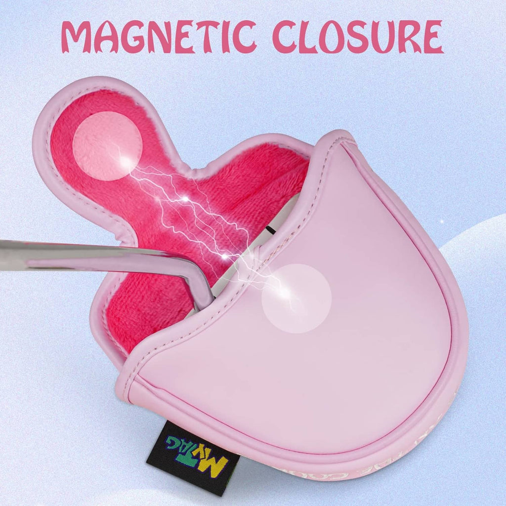 Pink mallet putter cover with padded head and magnetic closure feature.