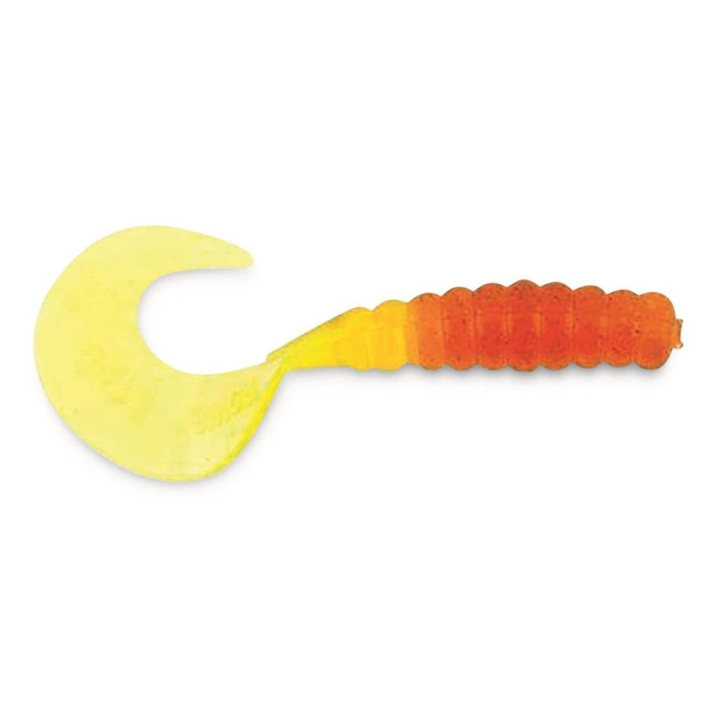 3-inch yellow-and-orange soft plastic fishing grub bait with ribbed body and curled tail