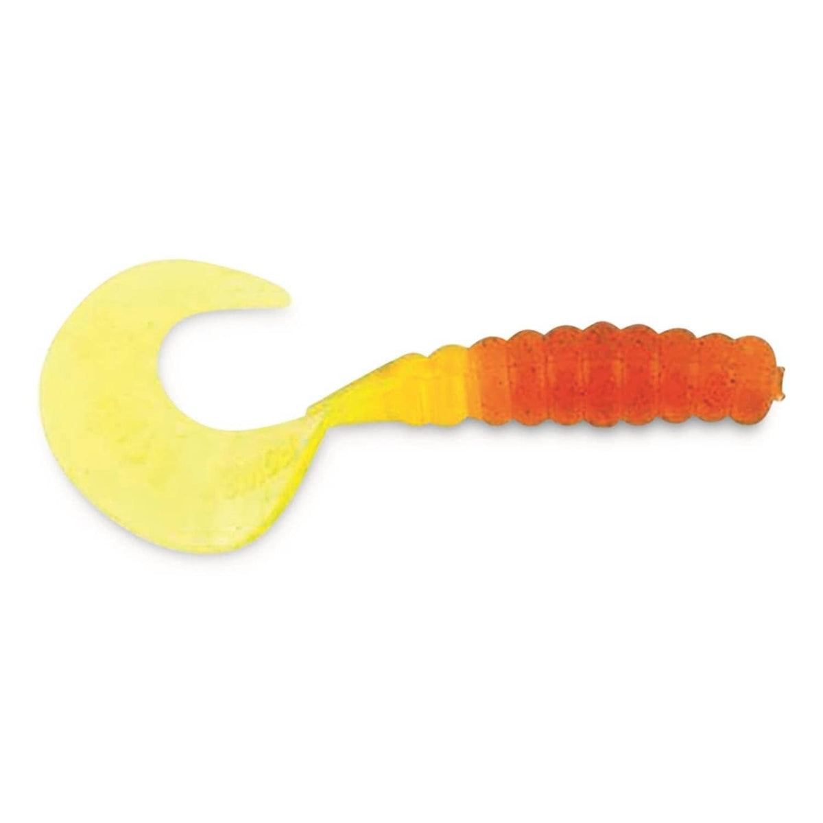 3-inch yellow-and-orange soft plastic fishing grub bait with ribbed body and curled tail