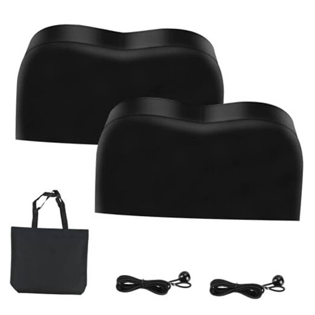 Black RV tire cover pair with storage bag and drawstring cords