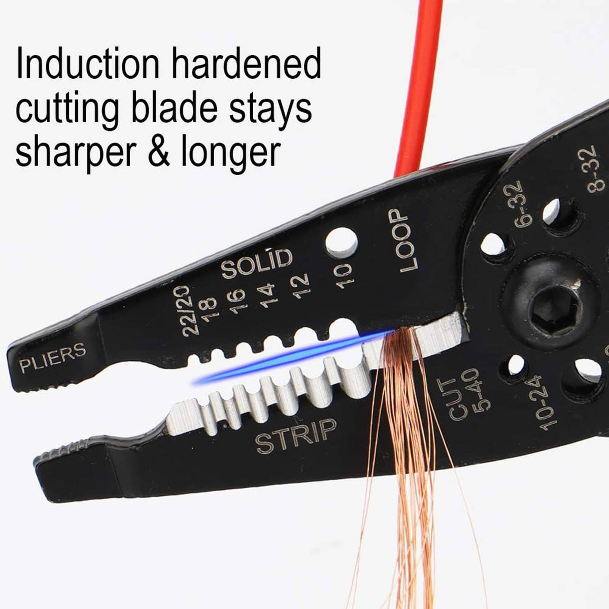 Wire stripper tool with induction-hardened cutting blade and stripped copper wire