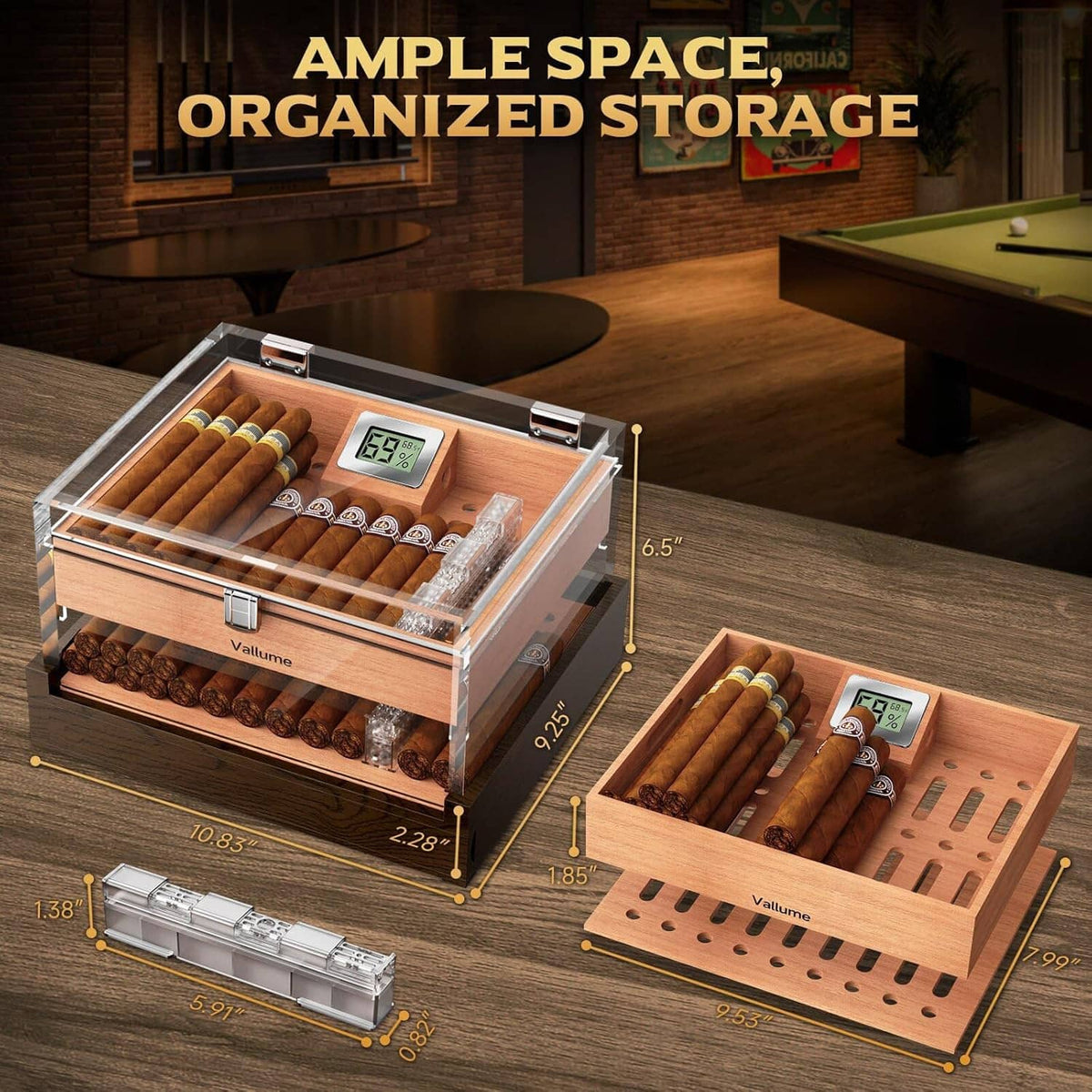 Open clear acrylic cigar humidor with digital hygrometer, cedar tray, accessory drawers, base