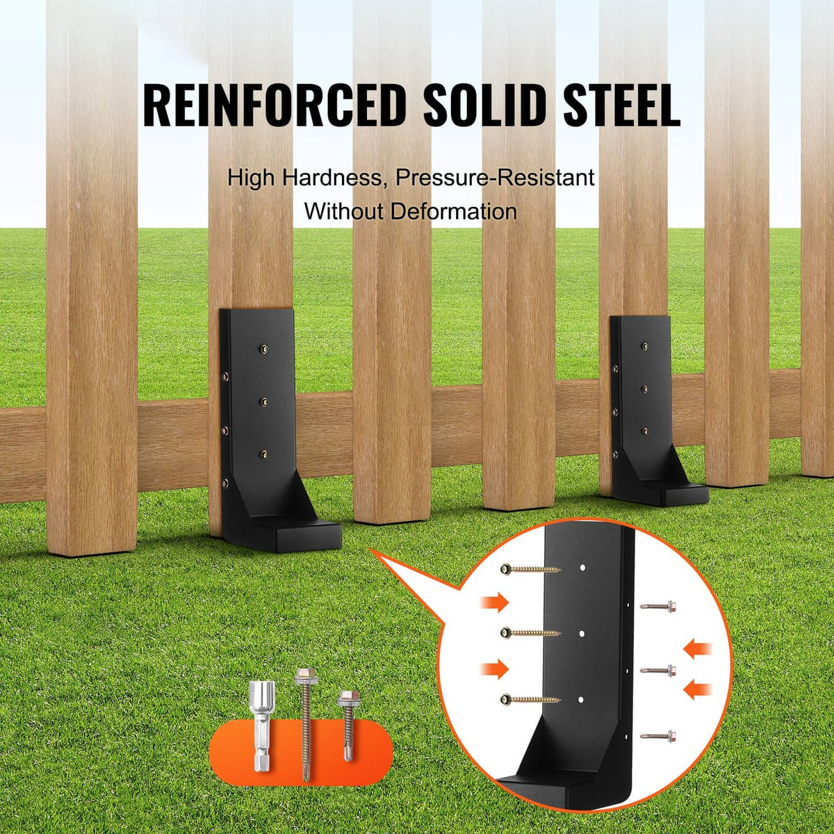 Black solid steel fence post anchor stakes with side mounting holes, 4 pack