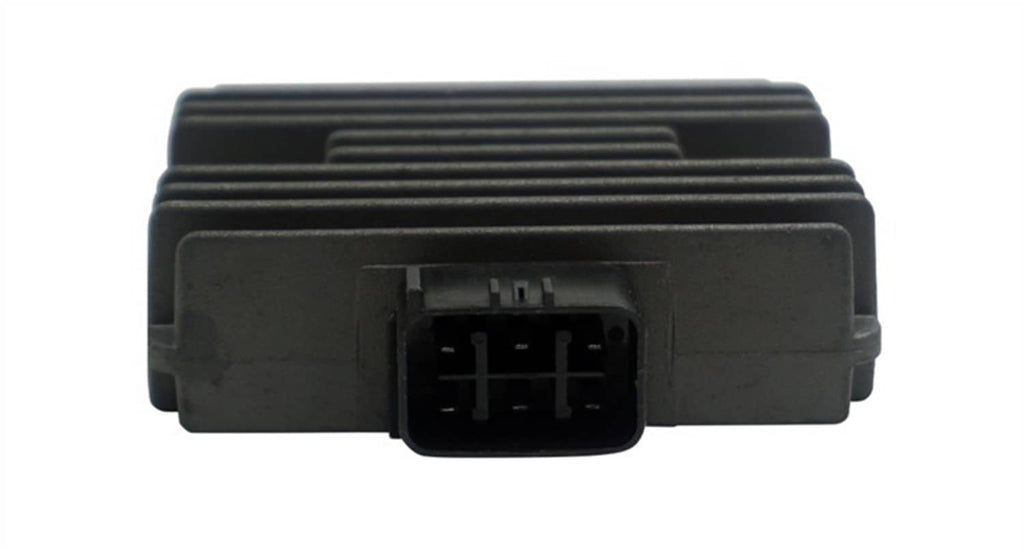 Voltage regulator rectifier rear view with central plug opening and heat-sink fins