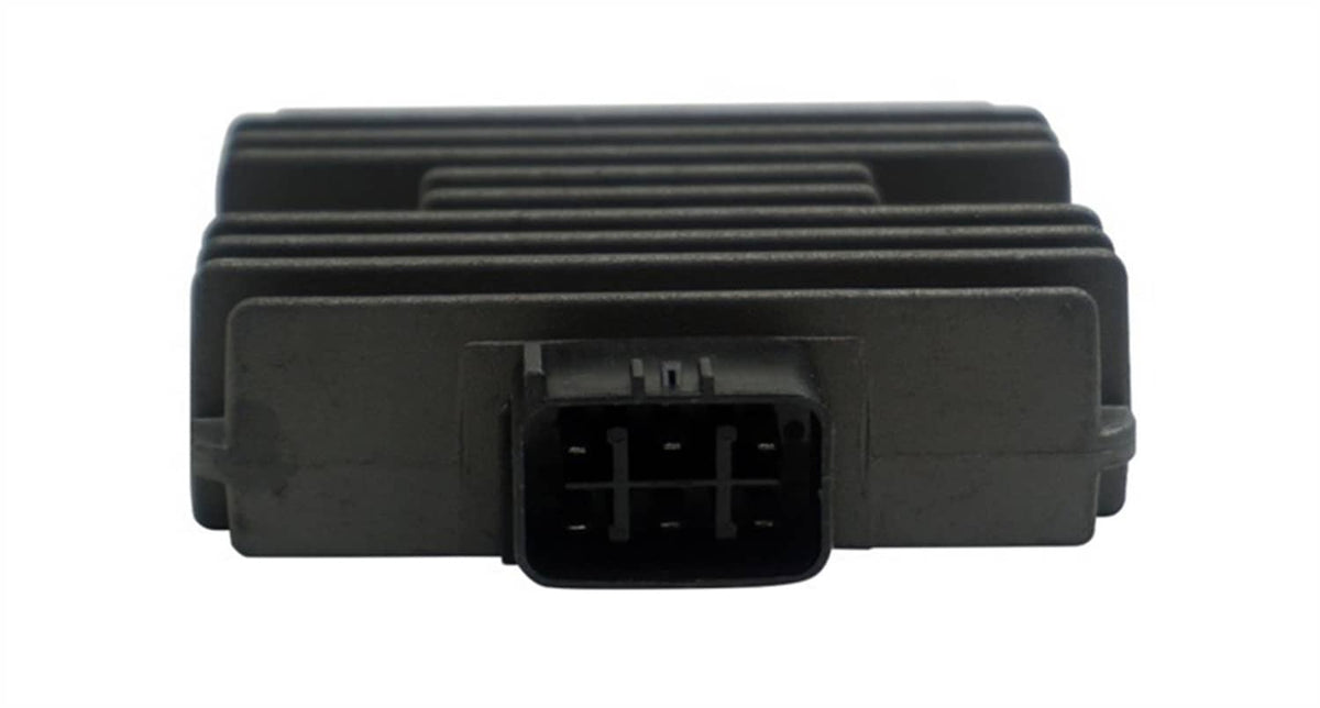Voltage regulator rectifier rear view with central plug opening and heat-sink fins