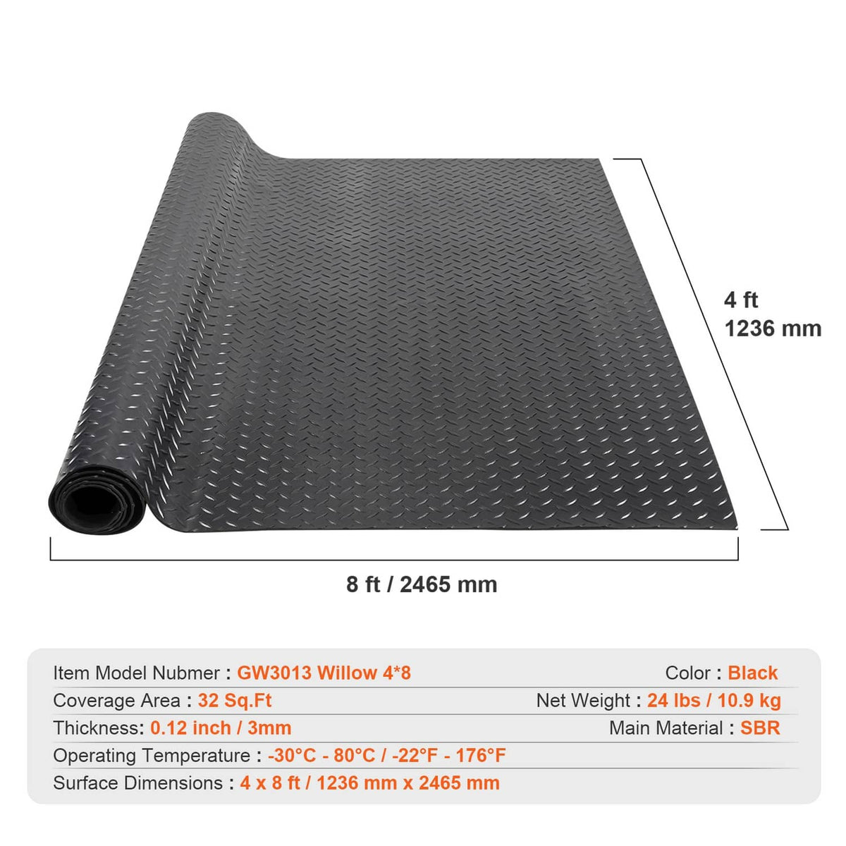 Black diamond-plate PVC floor mat roll, 4 ft by 8 ft size