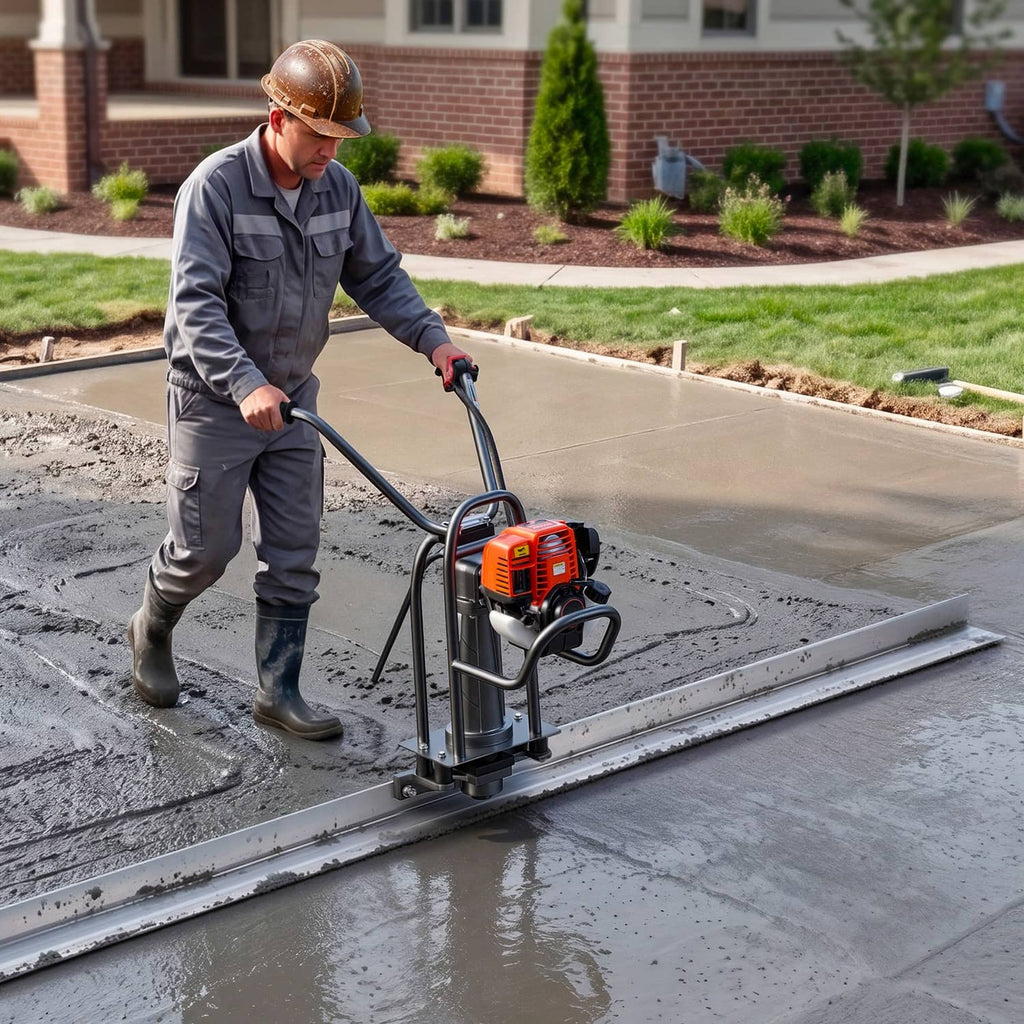 Worker leveling wet concrete with aluminum screed blade attached to power screed