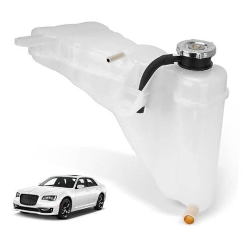 Engine coolant reservoir tank with cap and black hose, white plastic reservoir.