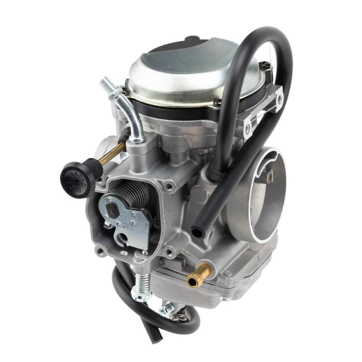 ATV carburetor assembly top and side view, silver metal body with black rubber hoses