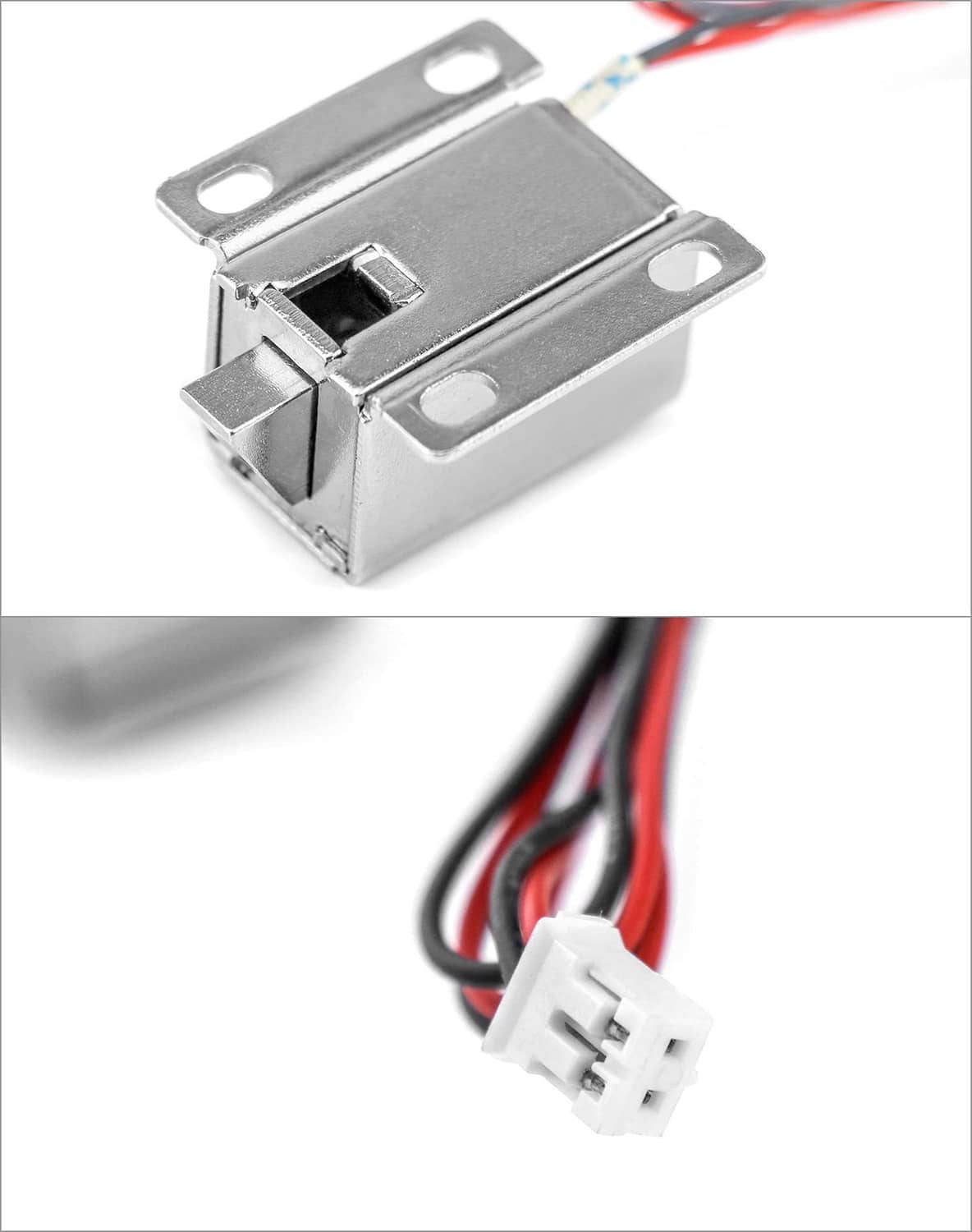 Silver electromagnetic solenoid lock with latch opening and white multi-pin connector.