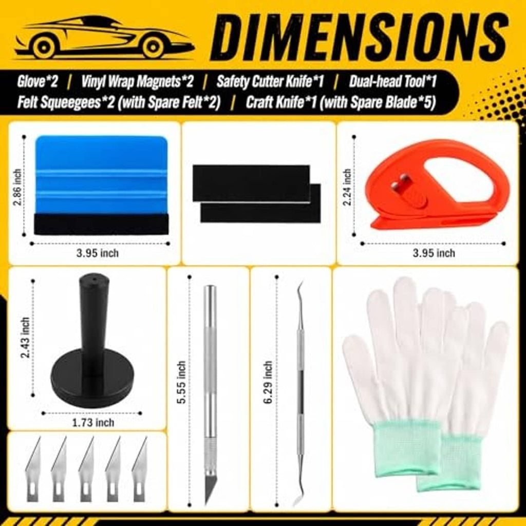 Vinyl wrap kit parts with blue/red squeegees, gloves, cutter blades, and magnet post