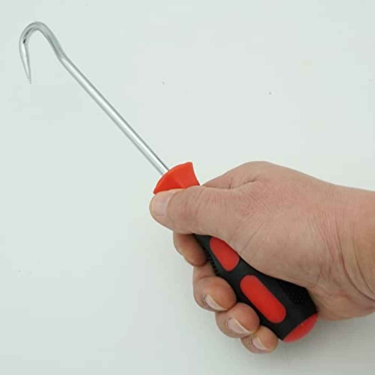 Handheld hose removal hook tool with stainless hook and black handle, red accent