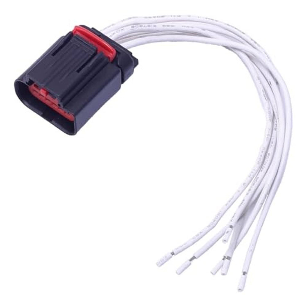 6-way throttle body connector plug pigtail with red latch and white wire leads.