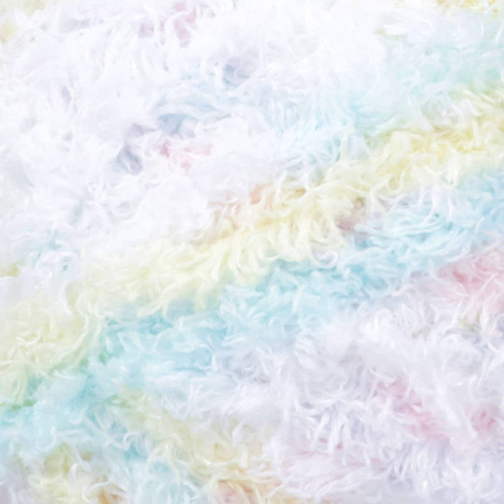 Pastel fuzzy yarn, thick textured pile in white, baby blue, pale yellow, pink stripes