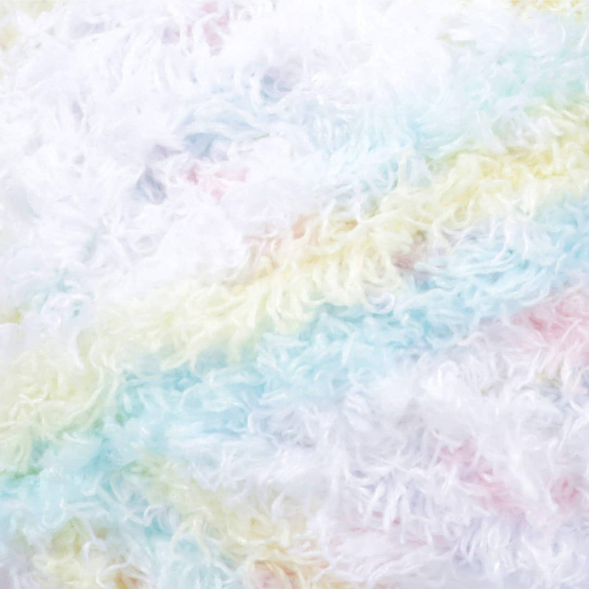 Pastel fuzzy yarn, thick textured pile in white, baby blue, pale yellow, pink stripes