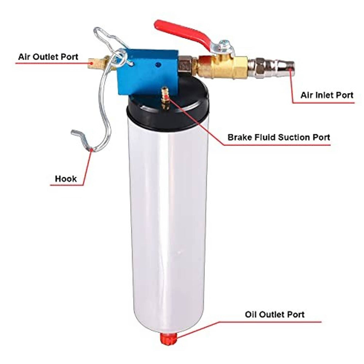 Brake fluid suction extractor with hook, air inlet/outlet ports, and oil outlet port on tank