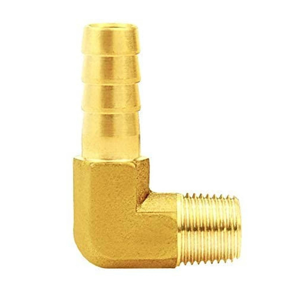 Brass 90-degree hose elbow fitting with visible 1/8" male NPT threads and joint