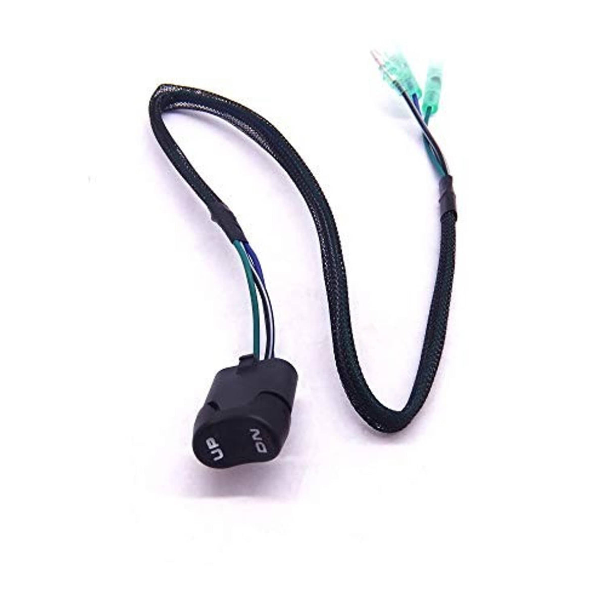 Boat up/down trim switch with black buttons labeled UP and DN and wire harness