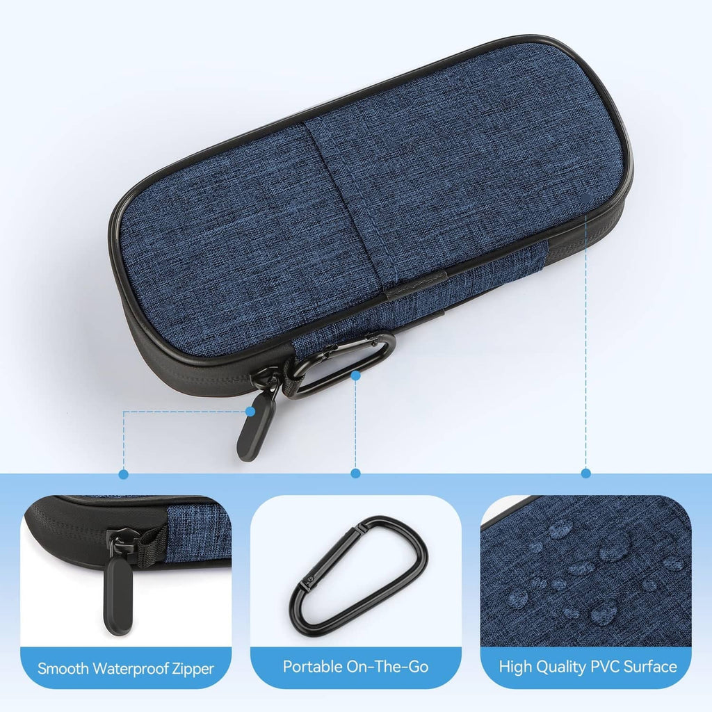 Indigo cooler case with blue fabric panel and zip pull, portable loop for carrying