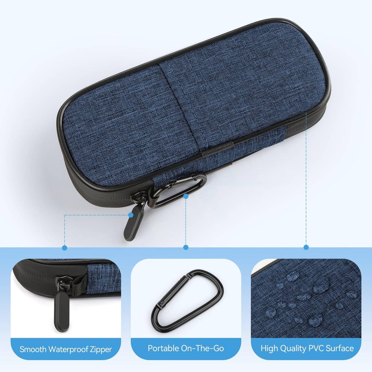 Indigo cooler case with blue fabric panel and zip pull, portable loop for carrying