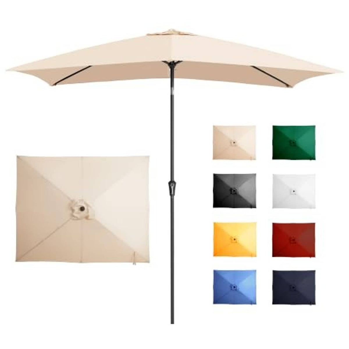 Beige rectangular patio umbrella with open canopy and central support pole, color options shown