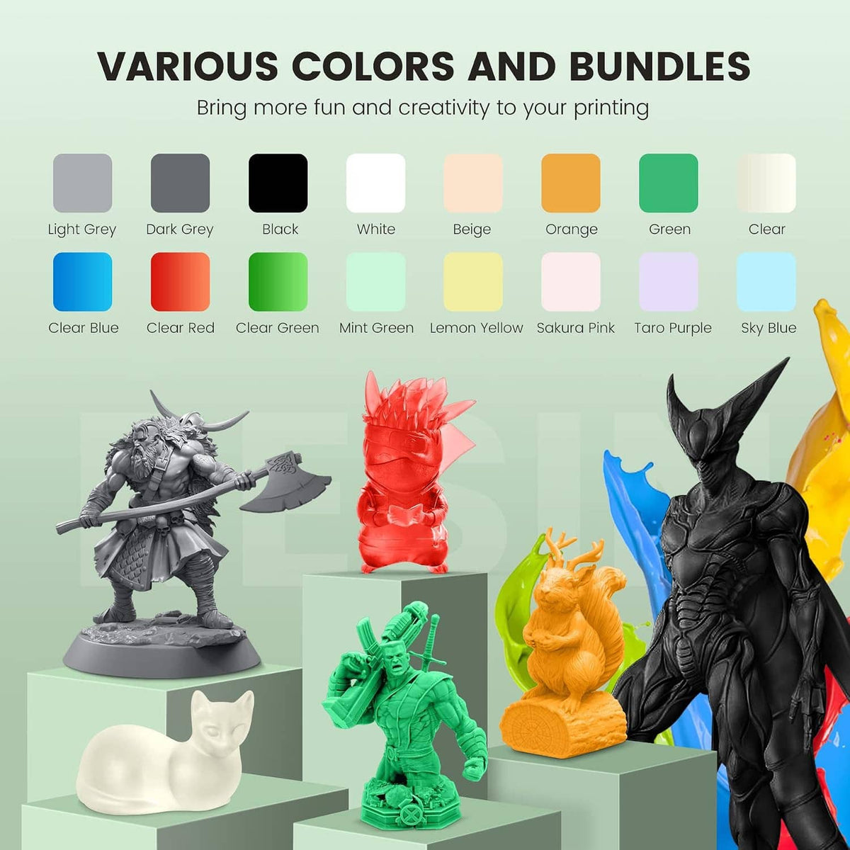 Resin color chart with multiple 3D printed figurines in dark and light tones