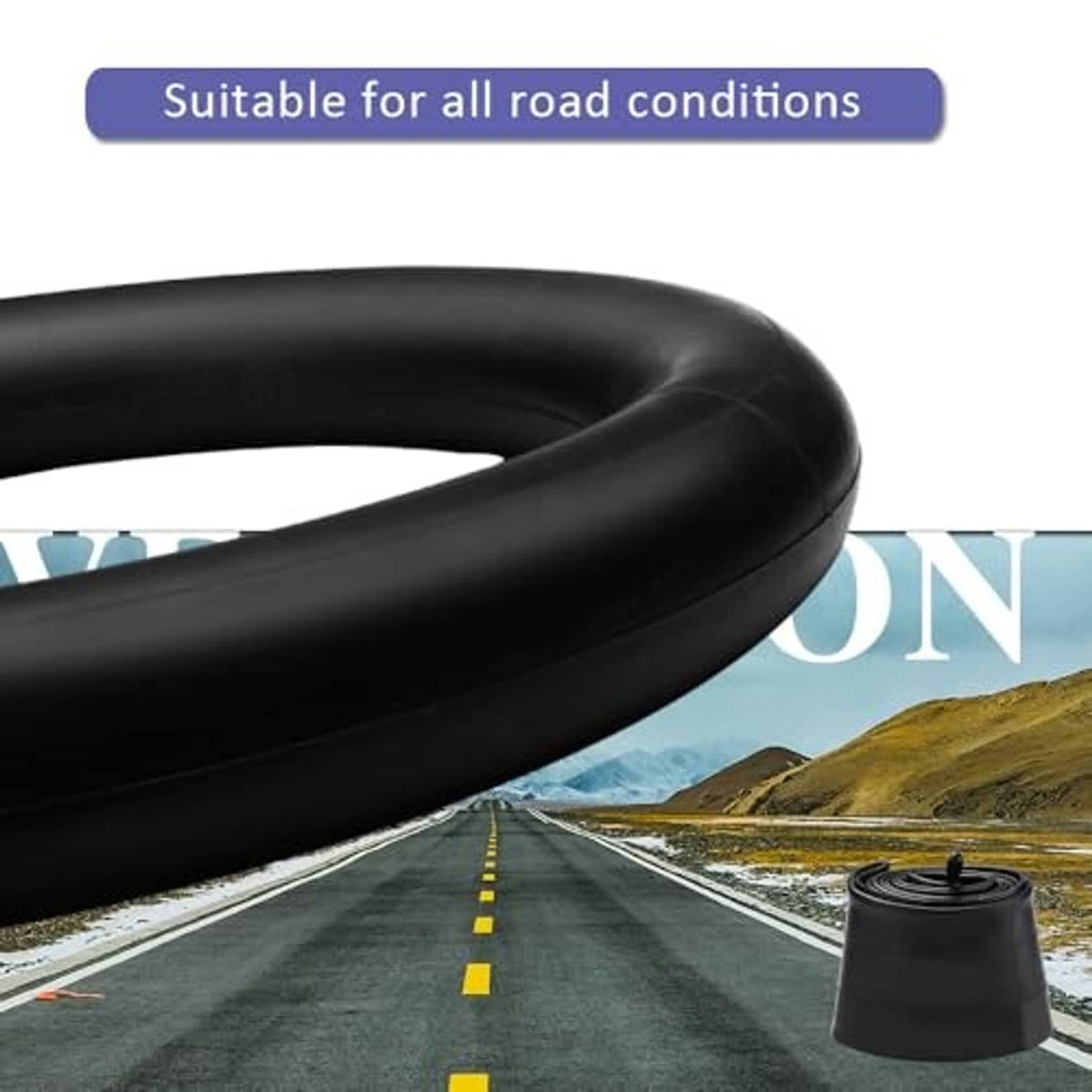 Black bike inner tube curved close-up for road use, with Schrader valve at end