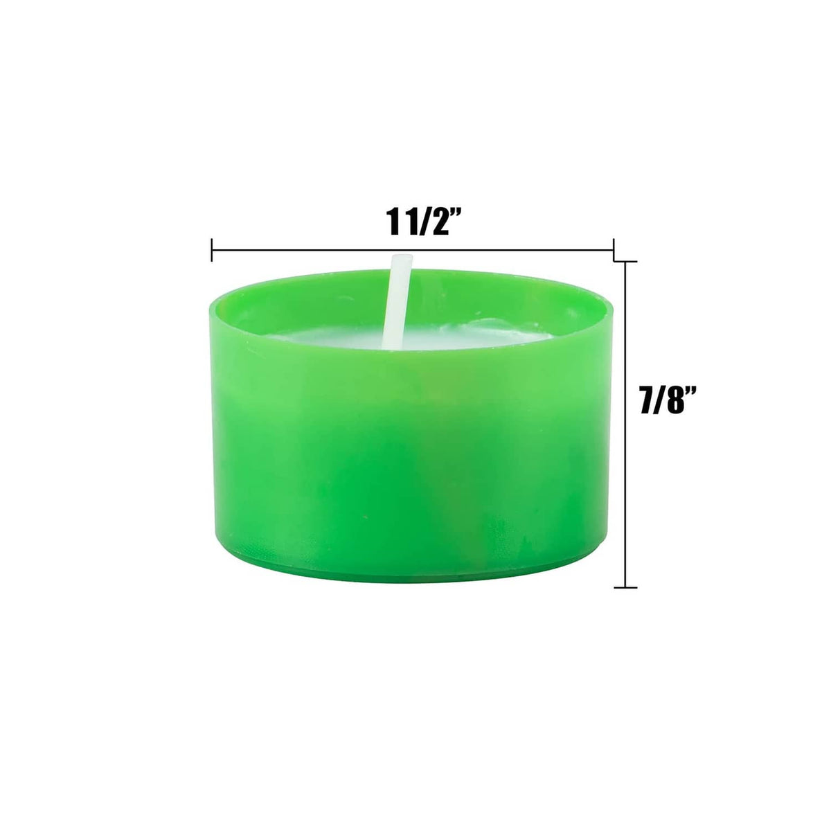Green tea light candle, 7/8 in tall and 11/2 in wide, with centered wick.