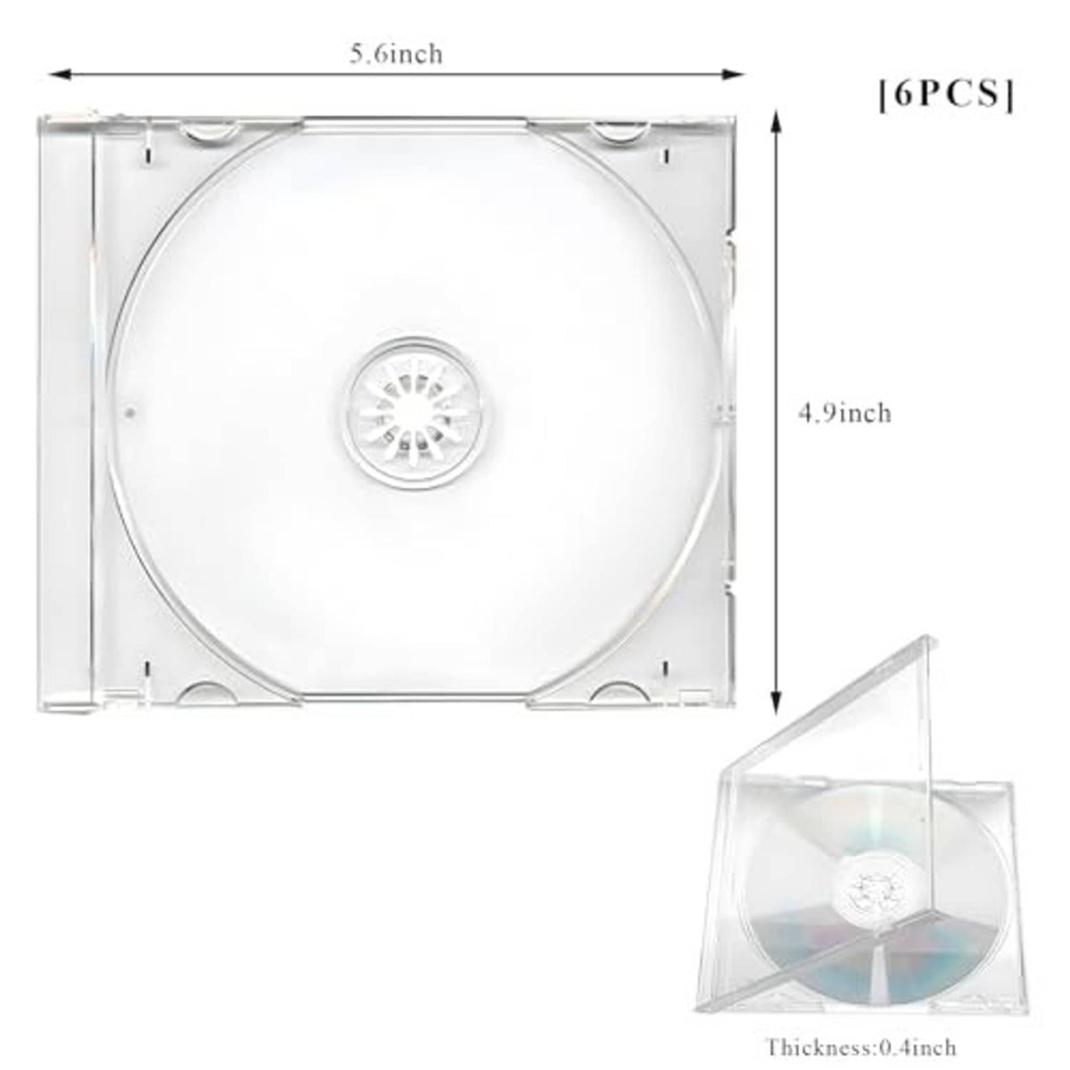 Clear single-disc CD jewel case with round center hub inside transparent plastic tray.