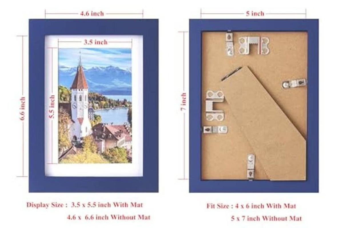 Dark blue photo frame with size guide: 4x6 and 5x7 with or without mat
