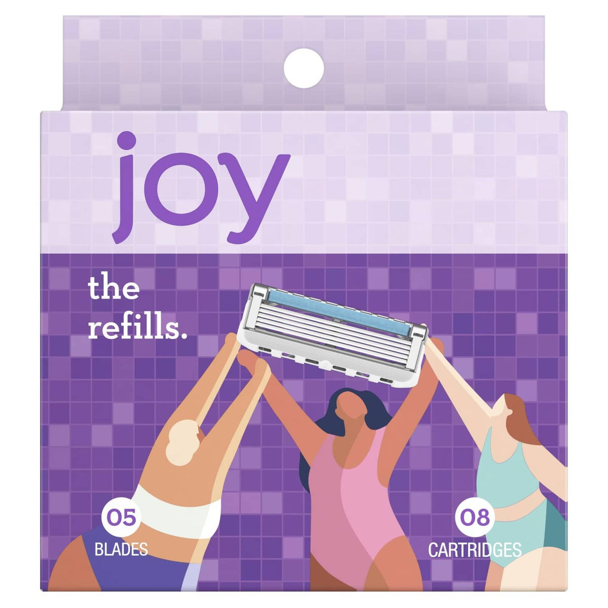 Joy purple razor refill box featuring five blades and eight cartridges.